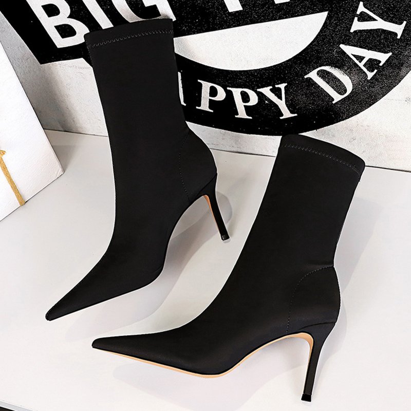 Women 7.5cm 10cm High Heels Silk Sock Boots Green Low Heels Short Ankle Boots Lady Stripper Winter Pointed Toe Satin Sexy Shoes