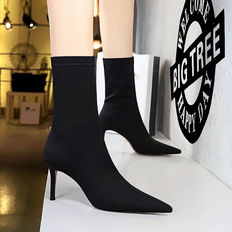 Women 7.5cm 10cm High Heels Silk Sock Boots Green Low Heels Short Ankle Boots Lady Stripper Winter Pointed Toe Satin Sexy Shoes