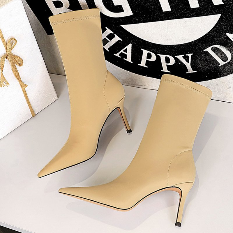 Women 7.5cm 10cm High Heels Silk Sock Boots Green Low Heels Short Ankle Boots Lady Stripper Winter Pointed Toe Satin Sexy Shoes