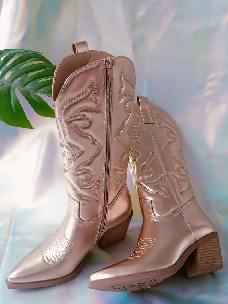 Cowboy Pink Cowgirl Boots For Women 2022Fashion Zip Embroidered Pointed Toe Chunky Heel Mid Calf Western Boots Shinny Shoes