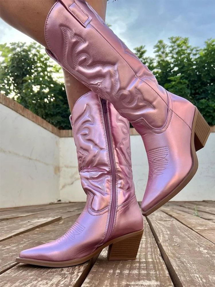 Cowboy Pink Cowgirl Boots For Women 2022Fashion Zip Embroidered Pointed Toe Chunky Heel Mid Calf Western Boots Shinny Shoes