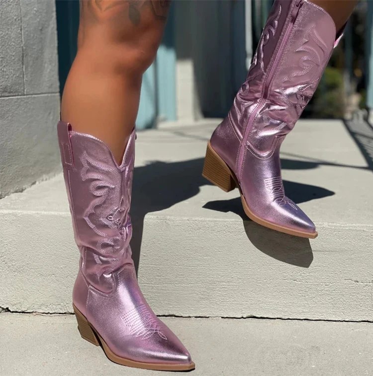 Cowboy Pink Cowgirl Boots For Women 2022Fashion Zip Embroidered Pointed Toe Chunky Heel Mid Calf Western Boots Shinny Shoes