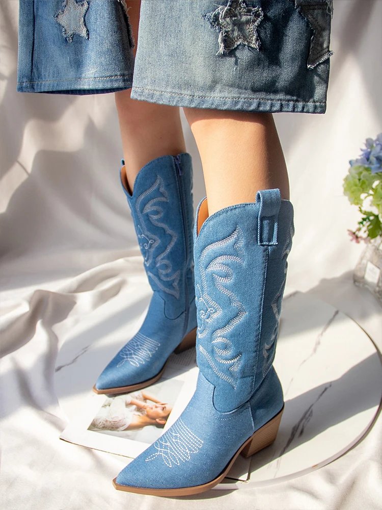 Cowboy Pink Cowgirl Boots For Women 2022Fashion Zip Embroidered Pointed Toe Chunky Heel Mid Calf Western Boots Shinny Shoes
