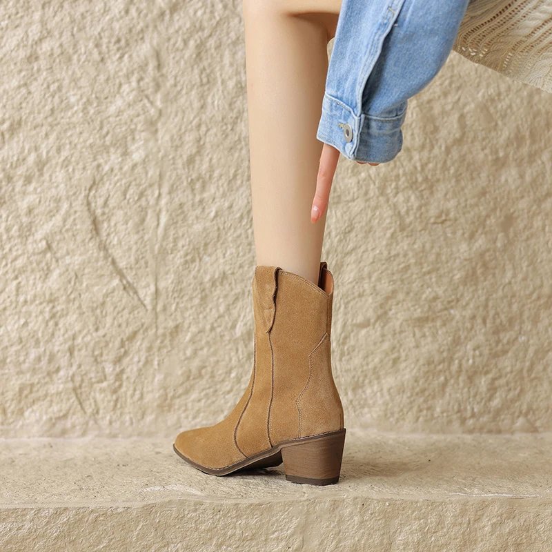 2023 Winter Classic Chelsea Boots for Woman Cow Suede Pointy Toe Wedge Heel Ankle Boots Simple Comfortable Cowboy Boots Female