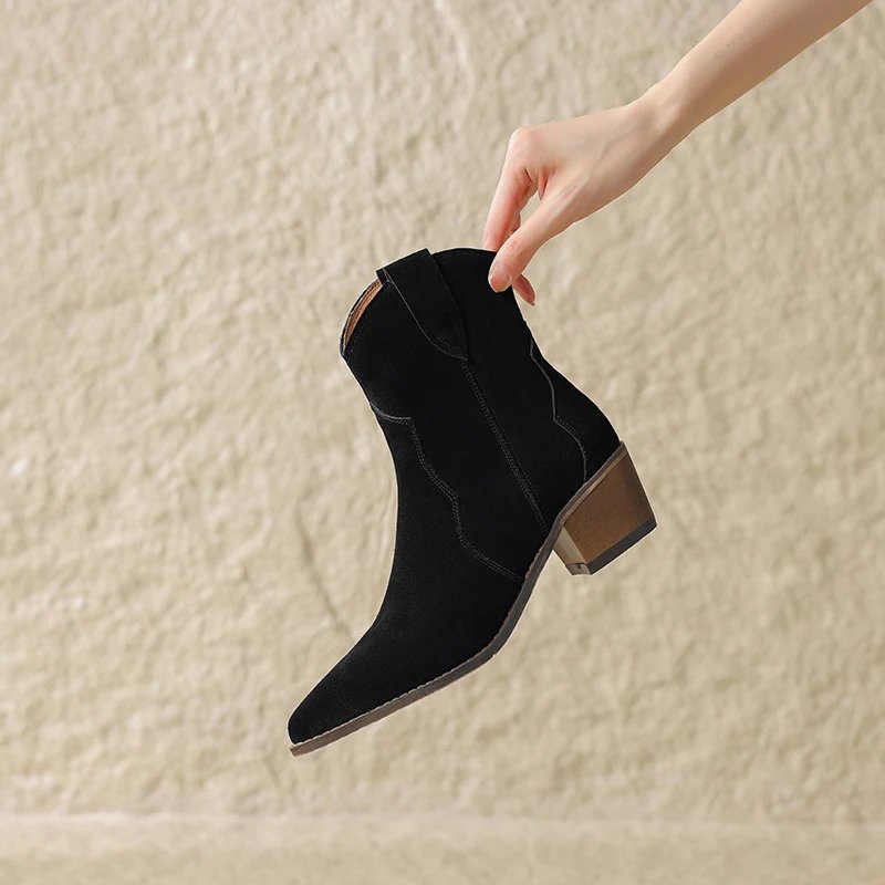 2023 Winter Classic Chelsea Boots for Woman Cow Suede Pointy Toe Wedge Heel Ankle Boots Simple Comfortable Cowboy Boots Female