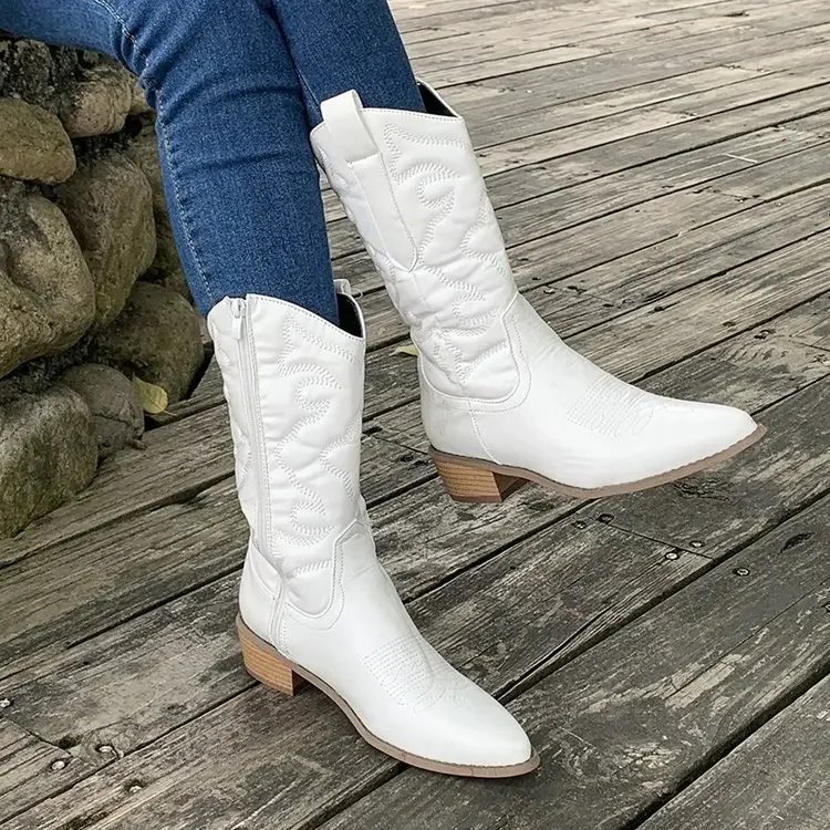 Gold Mid-calf Boots Woman Side Zipper Silver Pointed Western Cowboy  Retro Fashion Black Boots Plus Size 36-43 Women