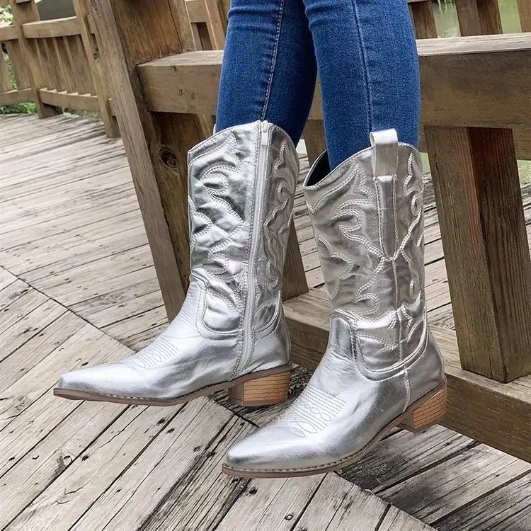Gold Mid-calf Boots Woman Side Zipper Silver Pointed Western Cowboy  Retro Fashion Black Boots Plus Size 36-43 Women