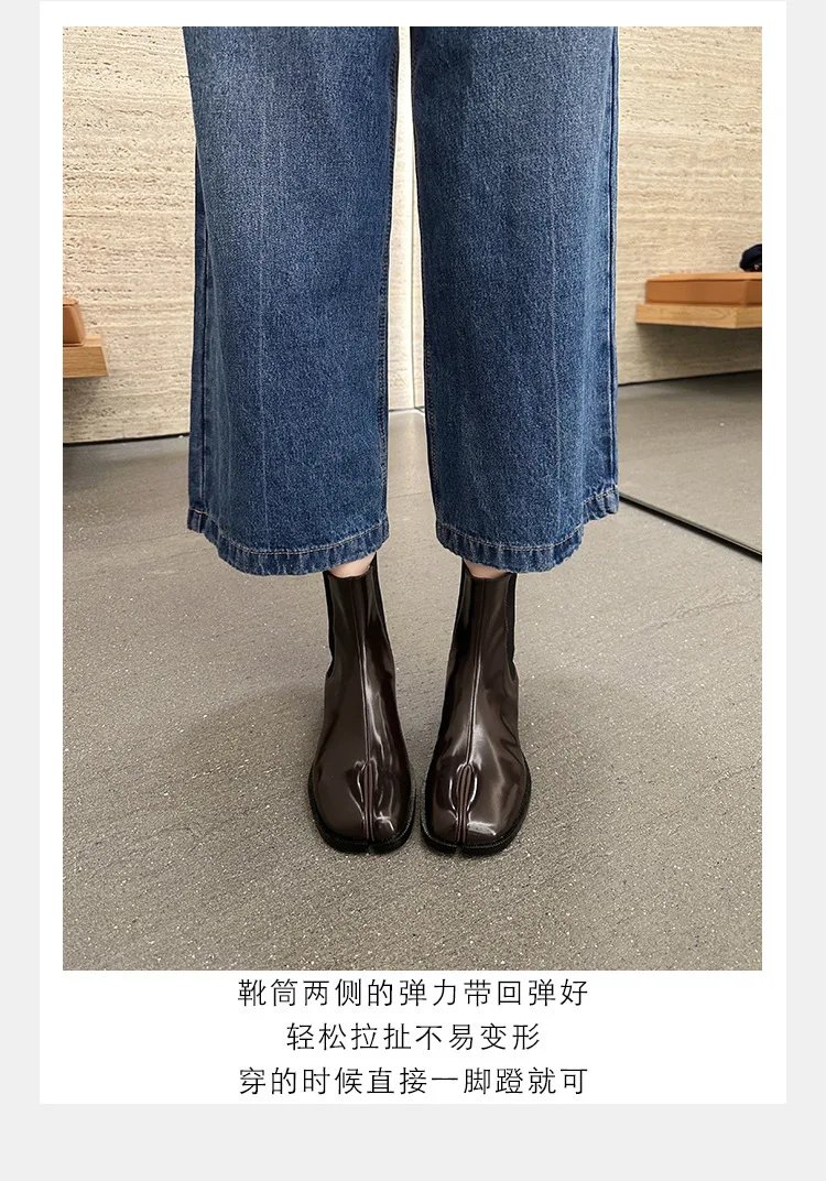 Retro Split Toe Ankle Boots Woman Shiny&Matte Leather Shoes Tabi Ninja Chelsea Botas Mujer Low Heels Trotters Booties Winter