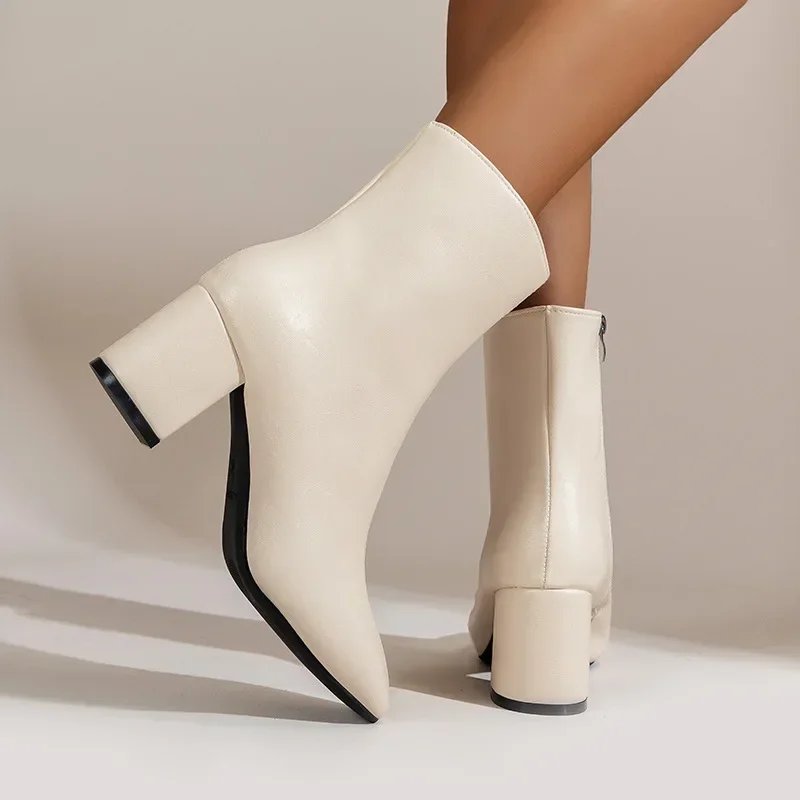White Ankle Boots for Women Side Zipper Stretch Middle Heel Large Size Short Boot Fashion Pointed Shoes Botas De Mujer 2024 White Ankle Boots for Women Side Zipper Stretch Middle Heel Large Size Short Boot Fashion Pointed Shoes Botas De Mujer 2024