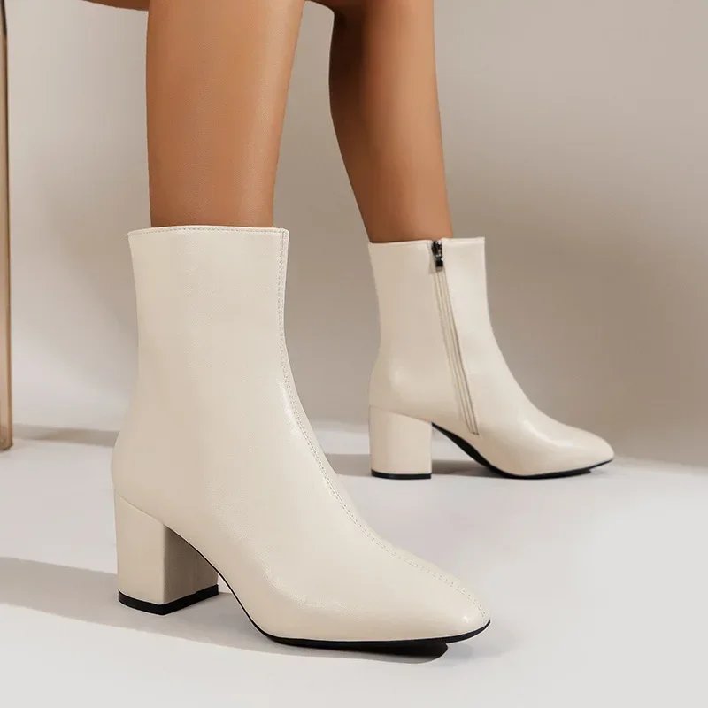 White Ankle Boots for Women Side Zipper Stretch Middle Heel Large Size Short Boot Fashion Pointed Shoes Botas De Mujer 2024 White Ankle Boots for Women Side Zipper Stretch Middle Heel Large Size Short Boot Fashion Pointed Shoes Botas De Mujer 2024