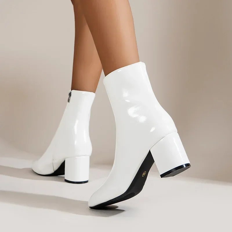 White Ankle Boots for Women Side Zipper Stretch Middle Heel Large Size Short Boot Fashion Pointed Shoes Botas De Mujer 2024 White Ankle Boots for Women Side Zipper Stretch Middle Heel Large Size Short Boot Fashion Pointed Shoes Botas De Mujer 2024