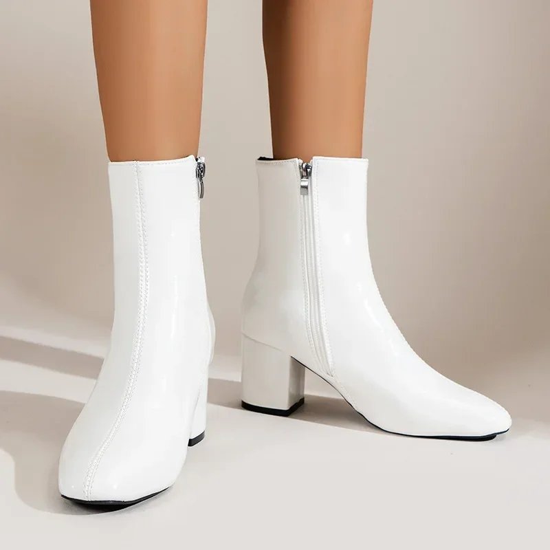 White Ankle Boots for Women Side Zipper Stretch Middle Heel Large Size Short Boot Fashion Pointed Shoes Botas De Mujer 2024 White Ankle Boots for Women Side Zipper Stretch Middle Heel Large Size Short Boot Fashion Pointed Shoes Botas De Mujer 2024
