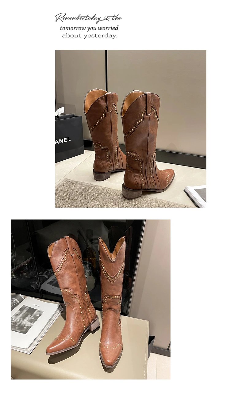 Studded Boots Women 2023 Low Heel Cowboy Chelsea Western Short Leather Knee High Luxury Designer Gothic New Rock Shoes Vintage