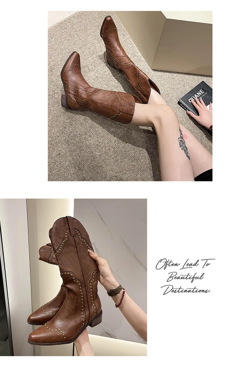 Studded Boots Women 2023 Low Heel Cowboy Chelsea Western Short Leather Knee High Luxury Designer Gothic New Rock Shoes Vintage