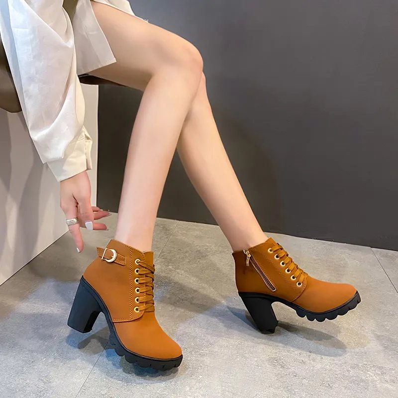 New Spring Winter Women Pumps Boots High Quality Lace-up European Ladies Shoes PU High Heels Boots Fast Delivery Platform Boots