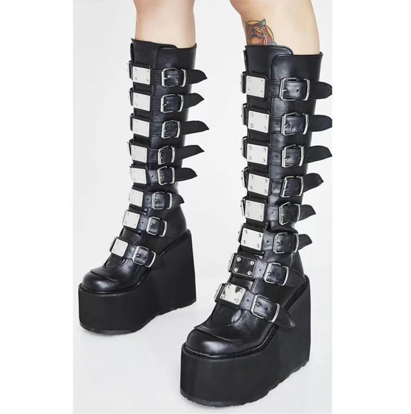 Punk Women Boots Ladies Cosplay High Boots Comfort Long Tube Leather Boots Black Platform High Wedges Women Shoes Gothic Style