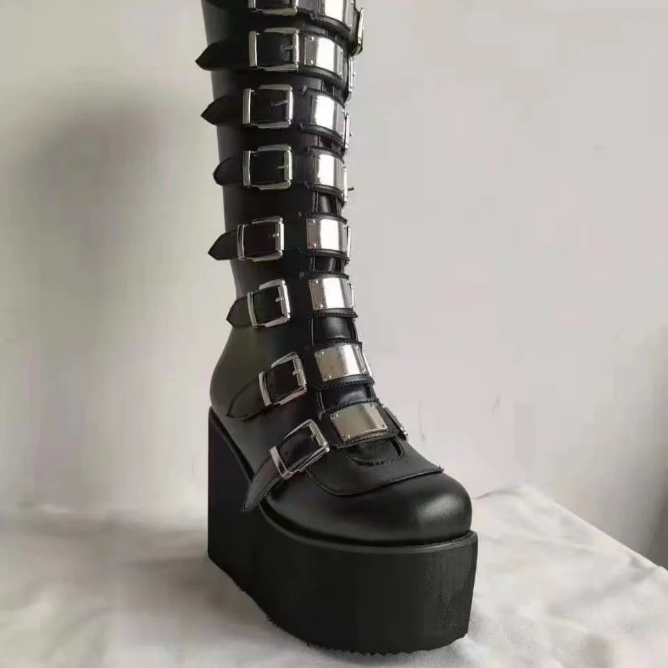 Punk Women Boots Ladies Cosplay High Boots Comfort Long Tube Leather Boots Black Platform High Wedges Women Shoes Gothic Style