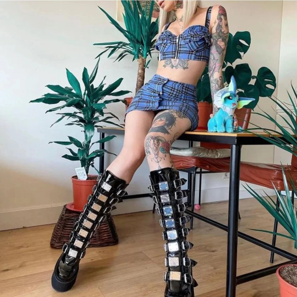 Punk Women Boots Ladies Cosplay High Boots Comfort Long Tube Leather Boots Black Platform High Wedges Women Shoes Gothic Style
