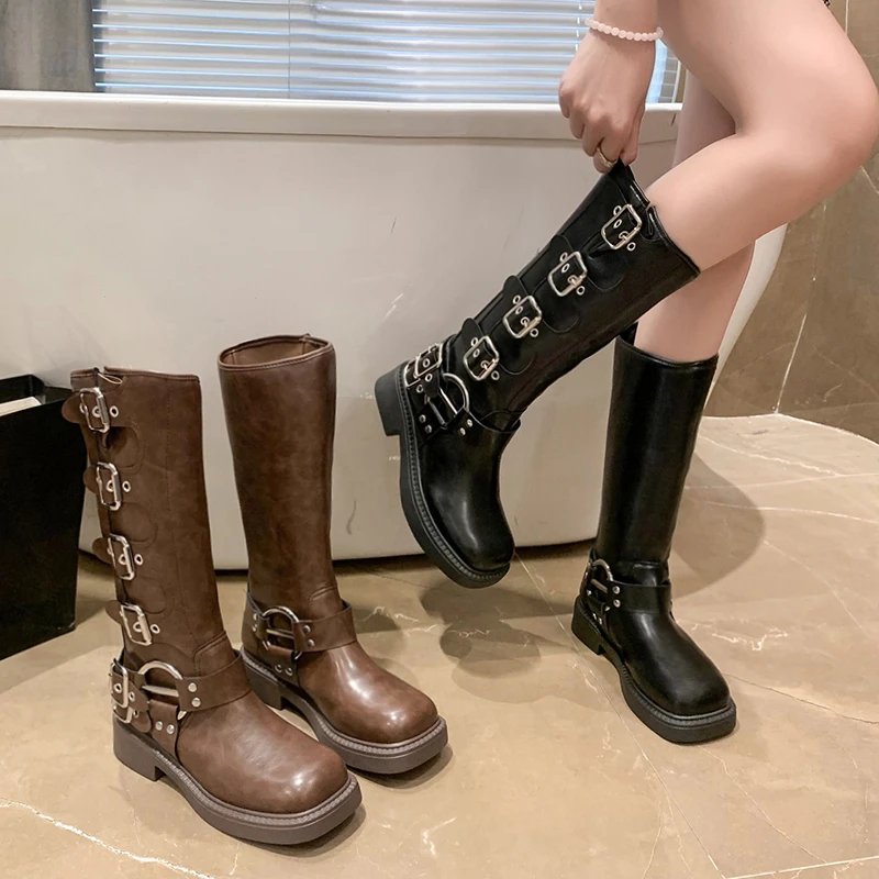 Woman Boots Knee High Platform Elegant Low Heel Trend Punk Gothic New Rock Leather Fashion Women's Shoes Motorcycle Footwear