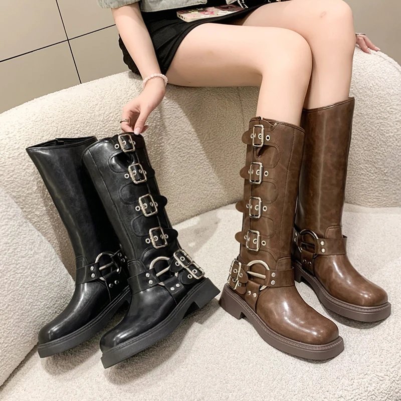 Woman Boots Knee High Platform Elegant Low Heel Trend Punk Gothic New Rock Leather Fashion Women's Shoes Motorcycle Footwear