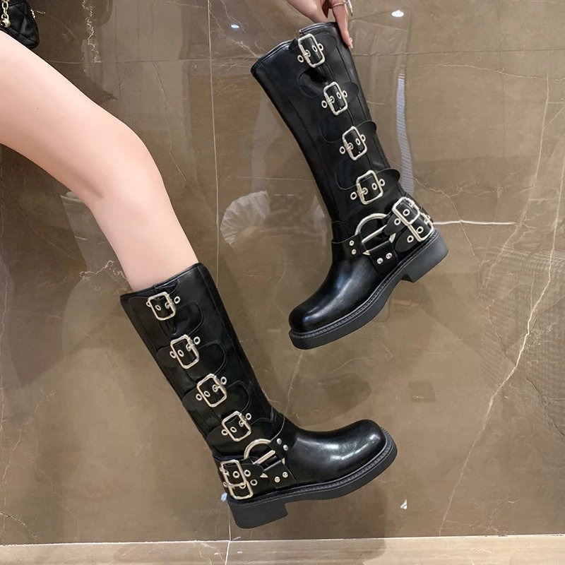 Woman Boots Knee High Platform Elegant Low Heel Trend Punk Gothic New Rock Leather Fashion Women's Shoes Motorcycle Footwear