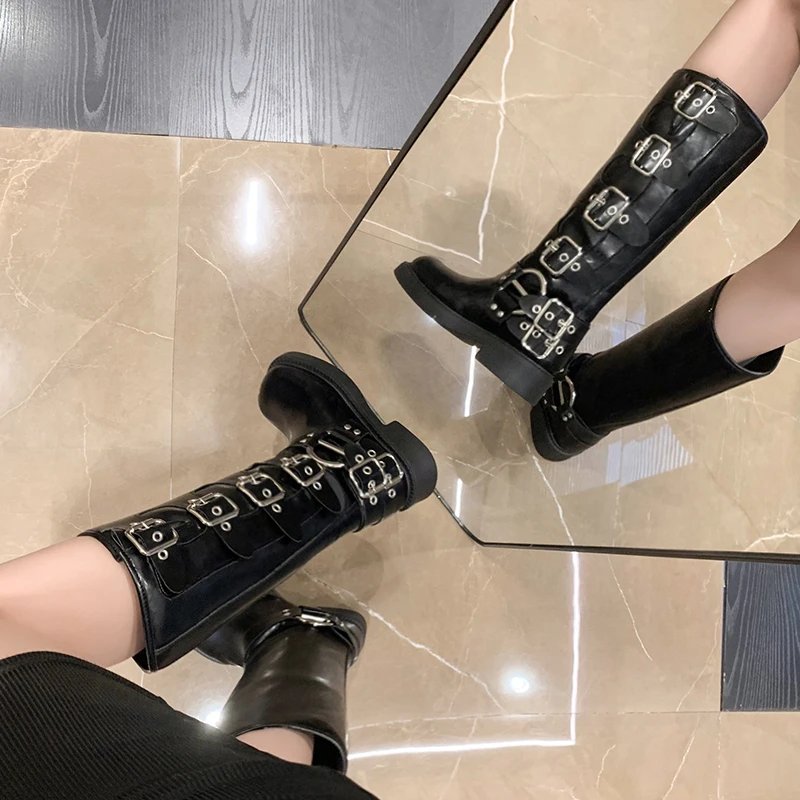 Woman Boots Knee High Platform Elegant Low Heel Trend Punk Gothic New Rock Leather Fashion Women's Shoes Motorcycle Footwear