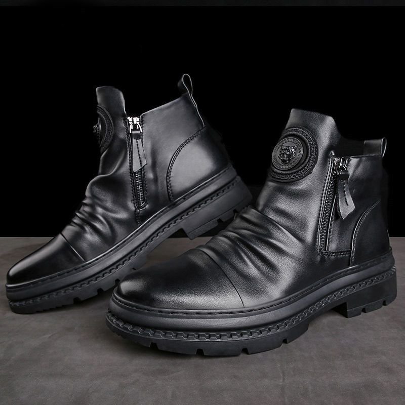 Men's Motorcycle Leather Boots British Style Round Head High Top Shoes Side Zip Walking Casual Platform Boots Bota Masculina