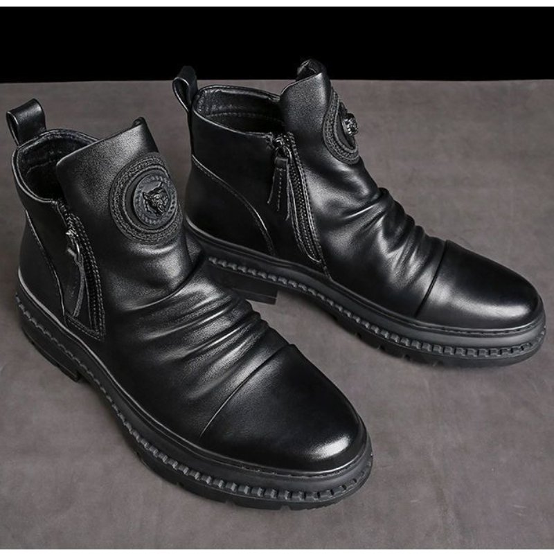 Men's Motorcycle Leather Boots British Style Round Head High Top Shoes Side Zip Walking Casual Platform Boots Bota Masculina