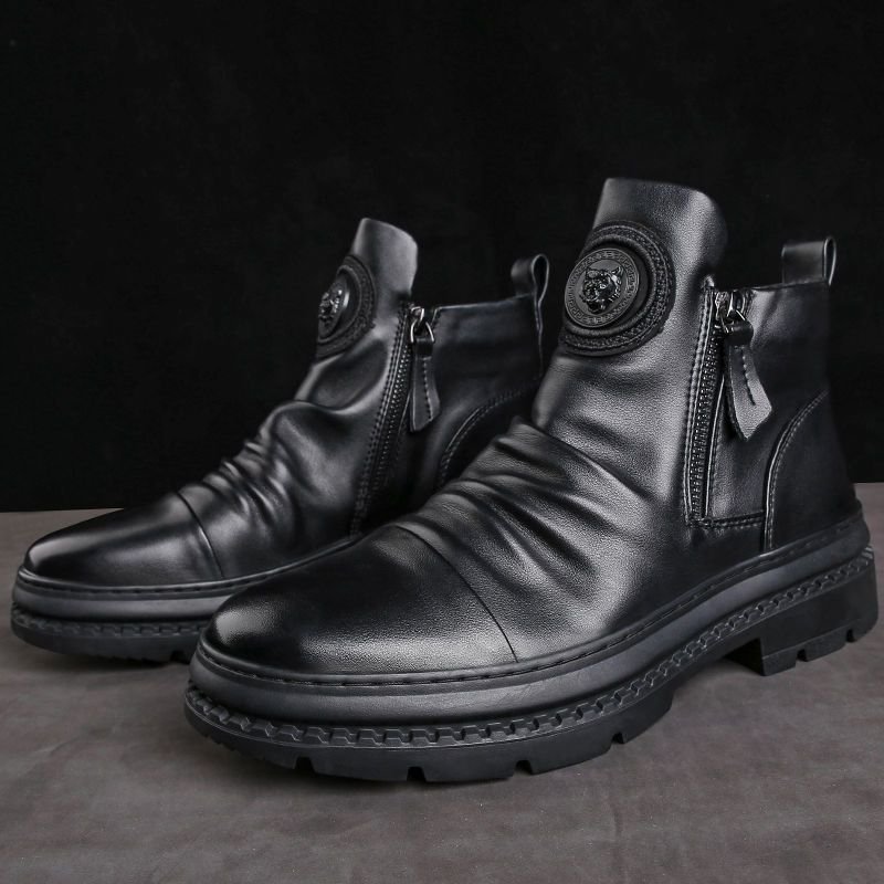 Men's Motorcycle Leather Boots British Style Round Head High Top Shoes Side Zip Walking Casual Platform Boots Bota Masculina
