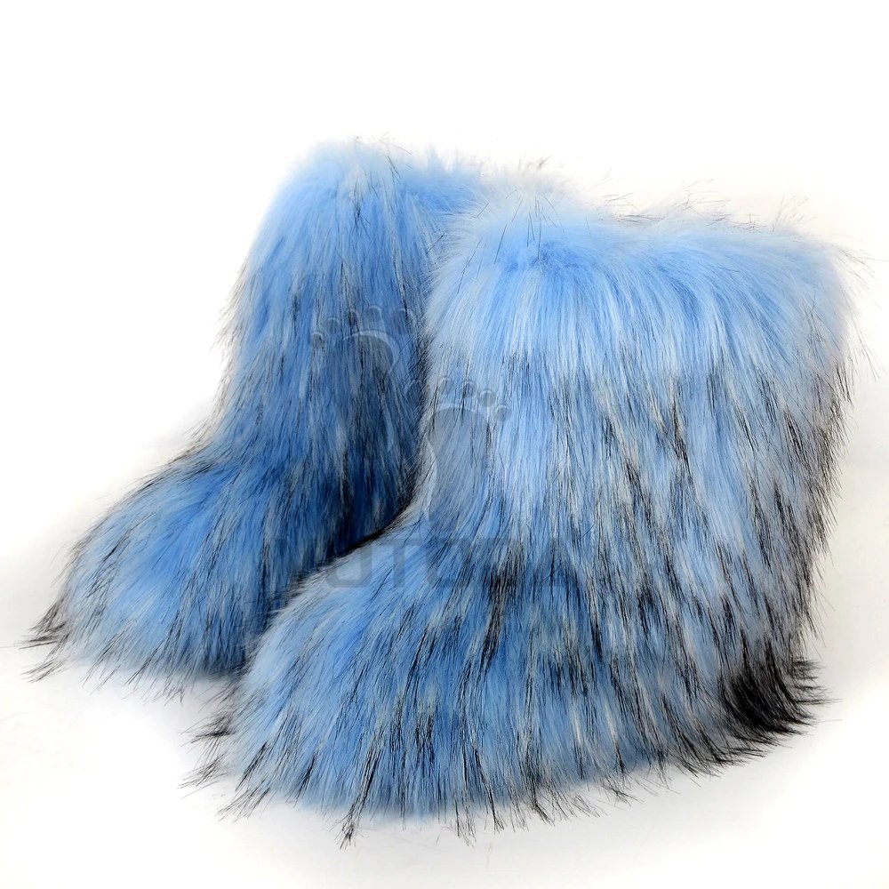 Winter Fuzzy Boots Women Furry Shoes Fluffy Fur Snow Boots Plush lining Slip-on Rubber Flat Outdoor Bowtie Warm Ladies Footwear