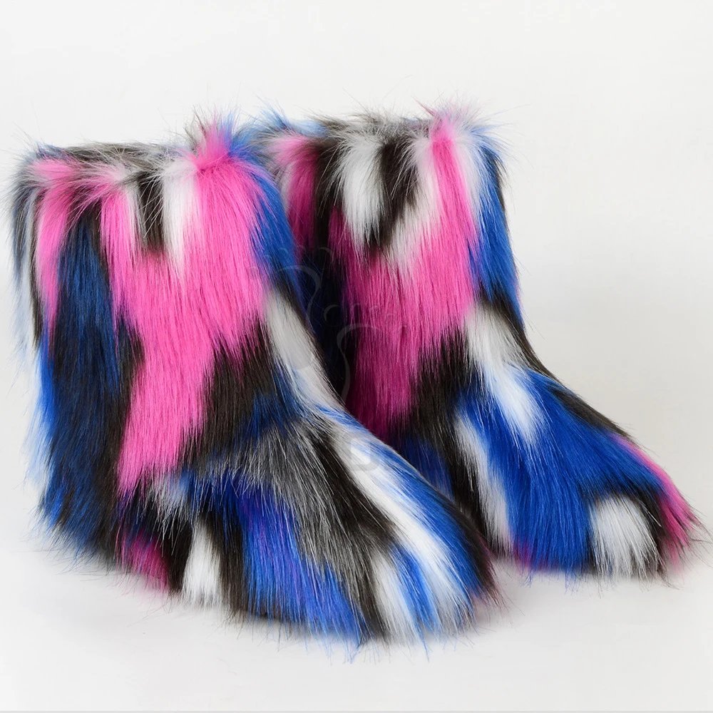 Winter Fuzzy Boots Women Furry Shoes Fluffy Fur Snow Boots Plush lining Slip-on Rubber Flat Outdoor Bowtie Warm Ladies Footwear