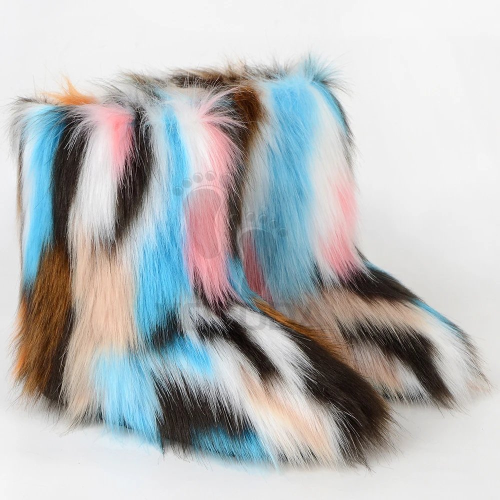 Winter Fuzzy Boots Women Furry Shoes Fluffy Fur Snow Boots Plush lining Slip-on Rubber Flat Outdoor Bowtie Warm Ladies Footwear