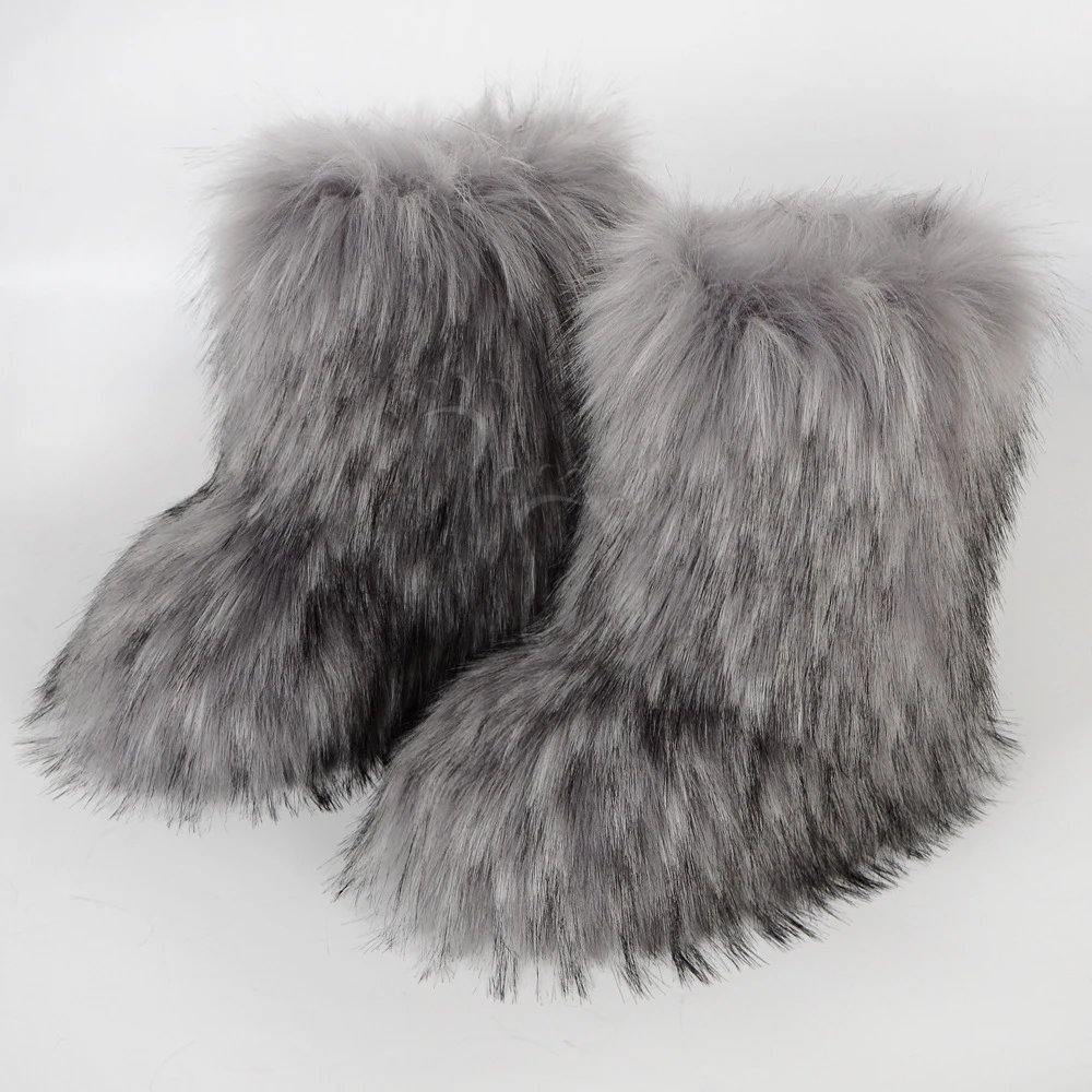 Winter Fuzzy Boots Women Furry Shoes Fluffy Fur Snow Boots Plush lining Slip-on Rubber Flat Outdoor Bowtie Warm Ladies Footwear