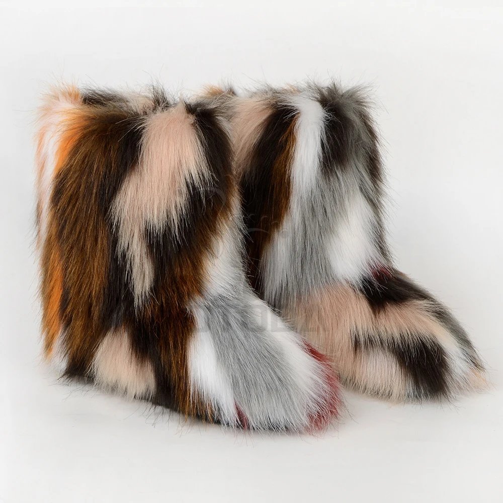 Winter Fuzzy Boots Women Furry Shoes Fluffy Fur Snow Boots Plush lining Slip-on Rubber Flat Outdoor Bowtie Warm Ladies Footwear