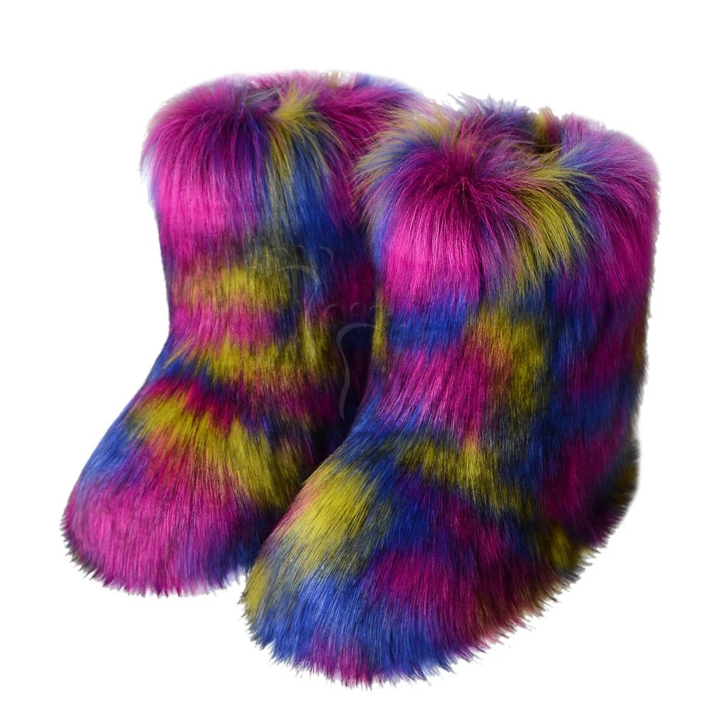 Winter Fuzzy Boots Women Furry Shoes Fluffy Fur Snow Boots Plush lining Slip-on Rubber Flat Outdoor Bowtie Warm Ladies Footwear