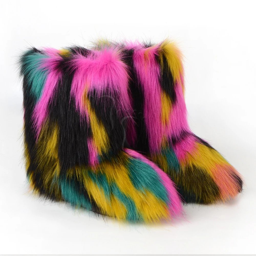 Winter Fuzzy Boots Women Furry Shoes Fluffy Fur Snow Boots Plush lining Slip-on Rubber Flat Outdoor Bowtie Warm Ladies Footwear