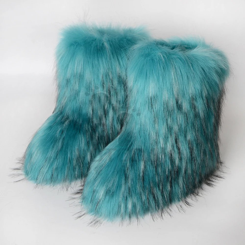 Winter Fuzzy Boots Women Furry Shoes Fluffy Fur Snow Boots Plush lining Slip-on Rubber Flat Outdoor Bowtie Warm Ladies Footwear