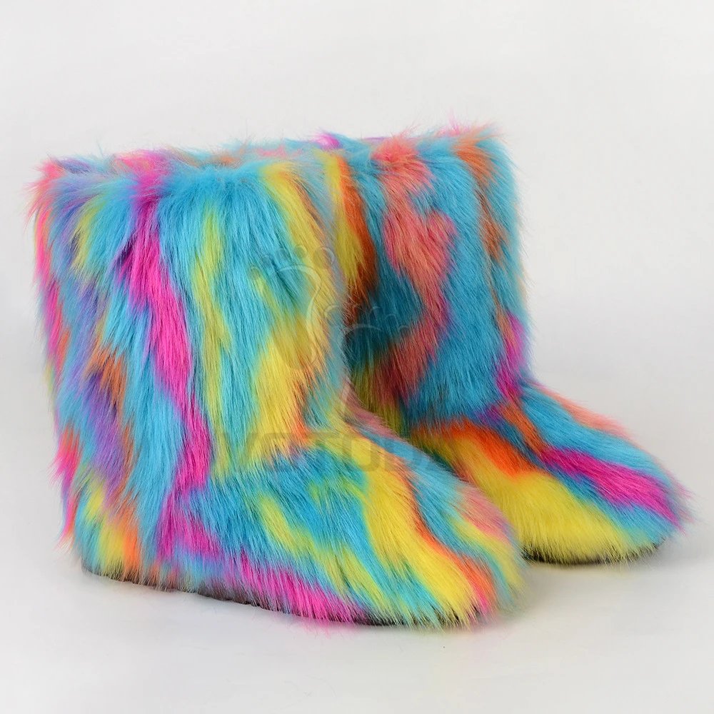 Winter Fuzzy Boots Women Furry Shoes Fluffy Fur Snow Boots Plush lining Slip-on Rubber Flat Outdoor Bowtie Warm Ladies Footwear