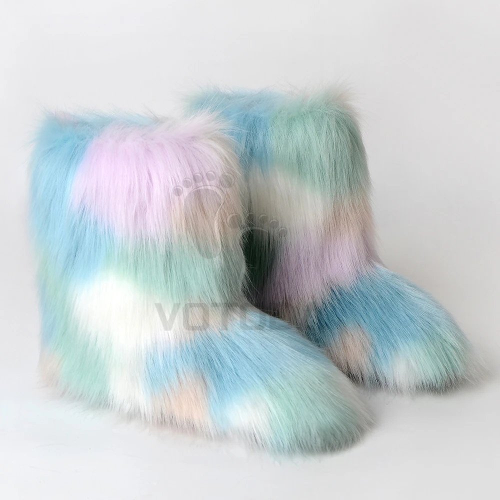 Winter Fuzzy Boots Women Furry Shoes Fluffy Fur Snow Boots Plush lining Slip-on Rubber Flat Outdoor Bowtie Warm Ladies Footwear