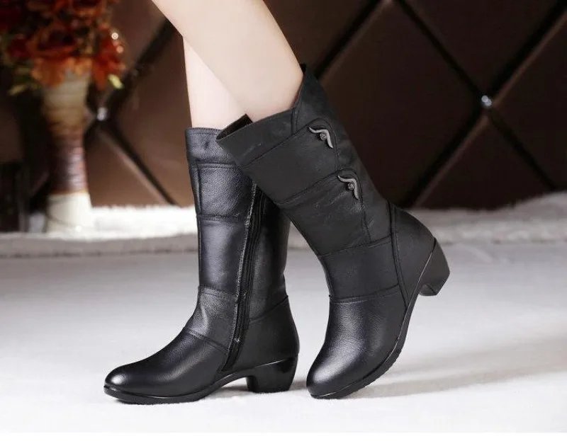 Fashion Middle Boots for Women Outdoor Anti Slip Boot Zipper Waterproof Leather Boots 2023 New Women&lsquo;s Winter Boots Botas Mujer
