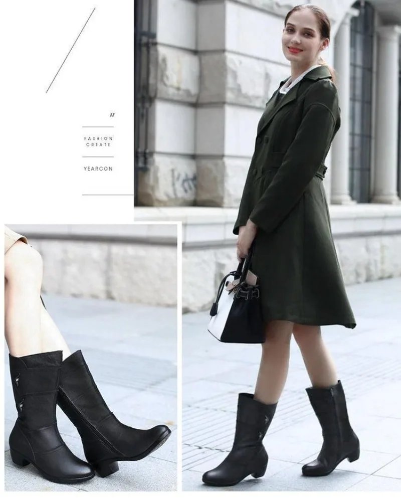 Fashion Middle Boots for Women Outdoor Anti Slip Boot Zipper Waterproof Leather Boots 2023 New Women&lsquo;s Winter Boots Botas Mujer