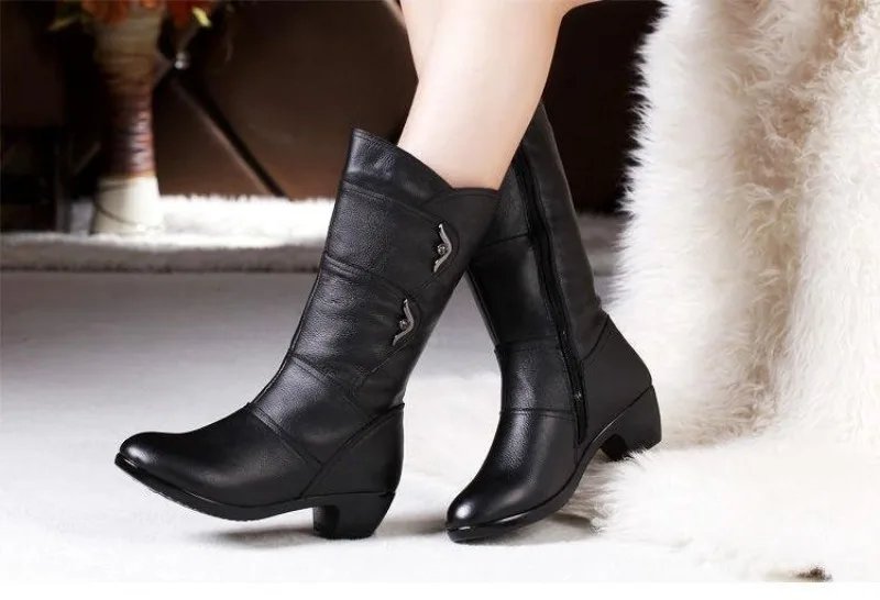 Fashion Middle Boots for Women Outdoor Anti Slip Boot Zipper Waterproof Leather Boots 2023 New Women&lsquo;s Winter Boots Botas Mujer