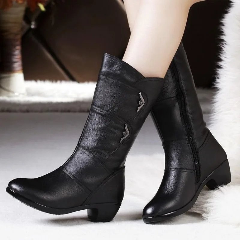 Fashion Middle Boots for Women Outdoor Anti Slip Boot Zipper Waterproof Leather Boots 2023 New Women&lsquo;s Winter Boots Botas Mujer