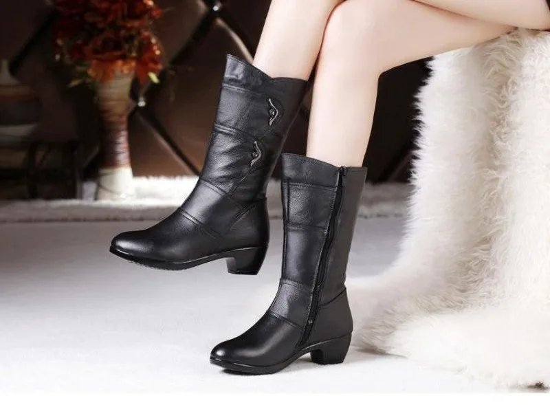 Fashion Middle Boots for Women Outdoor Anti Slip Boot Zipper Waterproof Leather Boots 2023 New Women&lsquo;s Winter Boots Botas Mujer