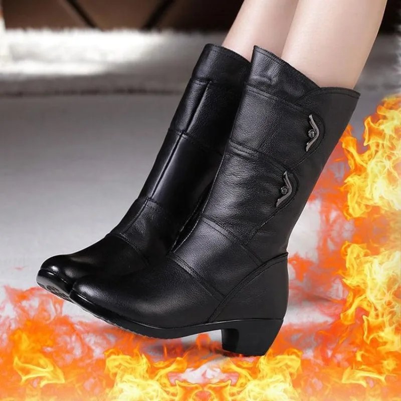 Fashion Middle Boots for Women Outdoor Anti Slip Boot Zipper Waterproof Leather Boots 2023 New Women&lsquo;s Winter Boots Botas Mujer