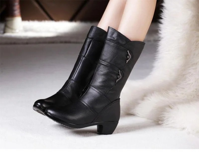 Fashion Middle Boots for Women Outdoor Anti Slip Boot Zipper Waterproof Leather Boots 2024 New Women&lsquo;s Winter Boots Botas Mujer