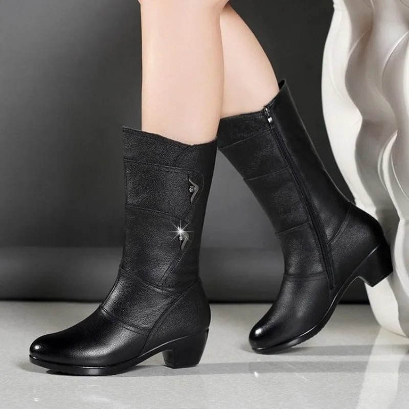Fashion Middle Boots for Women Outdoor Anti Slip Boot Zipper Waterproof Leather Boots 2024 New Women&lsquo;s Winter Boots Botas Mujer