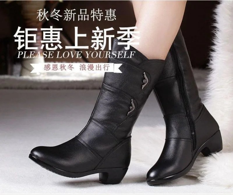 Fashion Middle Boots for Women Outdoor Anti Slip Boot Zipper Waterproof Leather Boots 2024 New Women&lsquo;s Winter Boots Botas Mujer