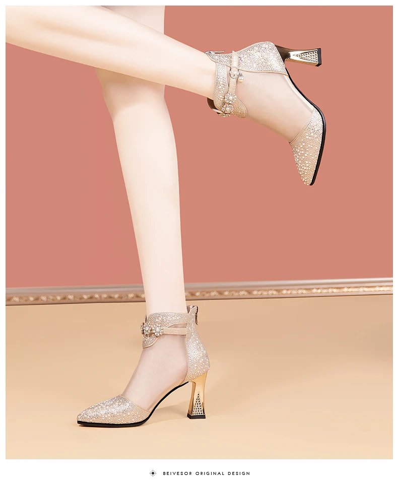 Summer New Sexy Pointed Toe Thick Heels High Heels Women Baotou Hollow Breathable Mid - Top Rear Zipper Women ' S Sandals