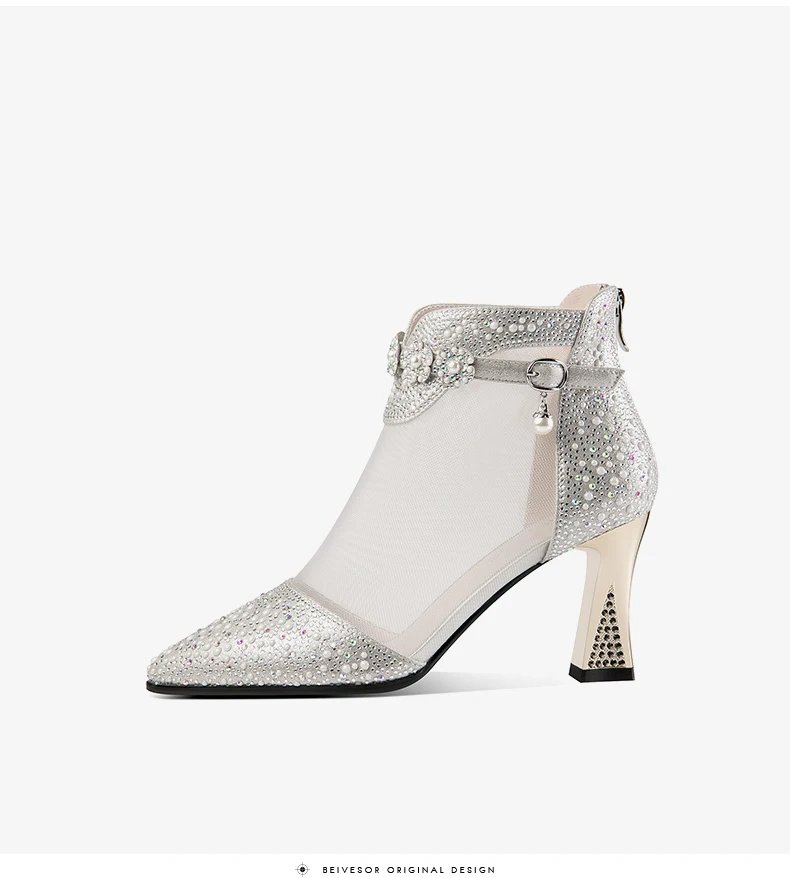 Summer New Sexy Pointed Toe Thick Heels High Heels Women Baotou Hollow Breathable Mid - Top Rear Zipper Women ' S Sandals